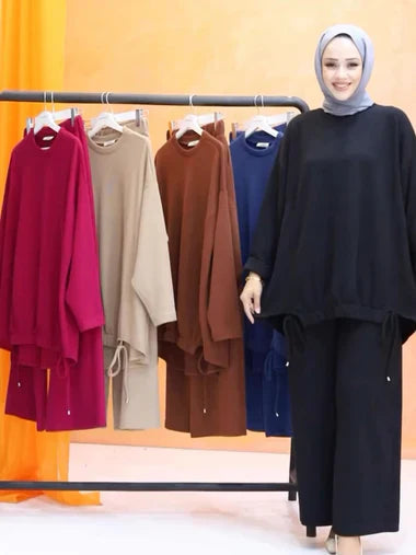 Drop Shoulder Long Loose Winter Fleece Co-ord Set