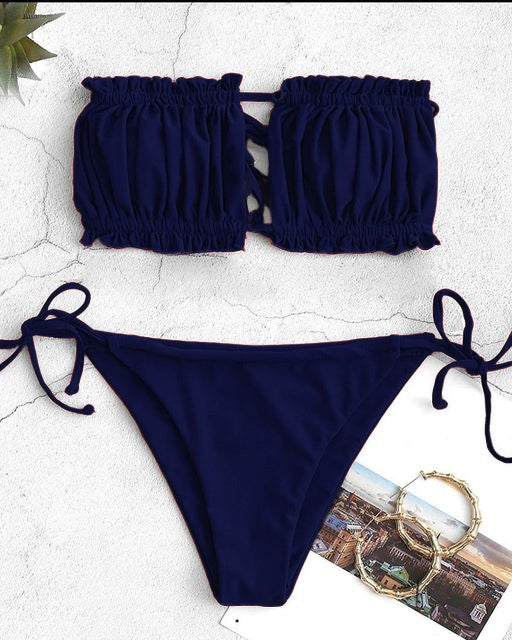 Bikini Set Ruffle Strapless Tie Side Bikini Women High Cut Strapless Low Waisted Bikini