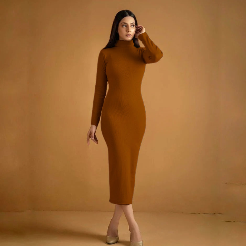 Ribbed Cotton High Neck Bodycon Dress