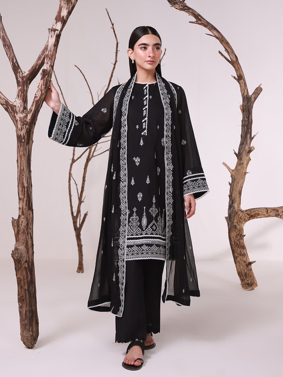 1 & Get 1 Free - MONOCHROME EMBROIDERED LAWN SILK SUIT