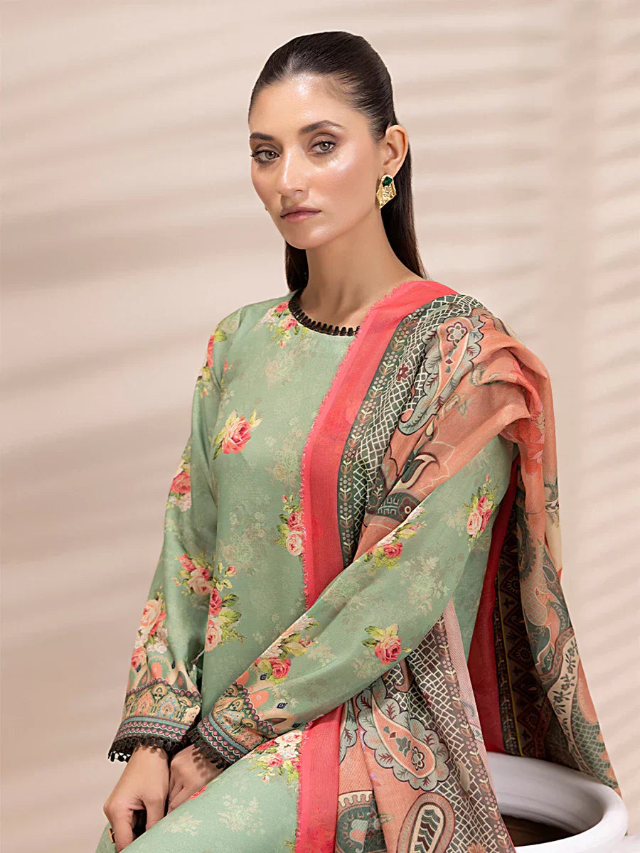 1 & Get 1 Free - 3PC Unstitched Printed Lawn Silk Suit DOS159