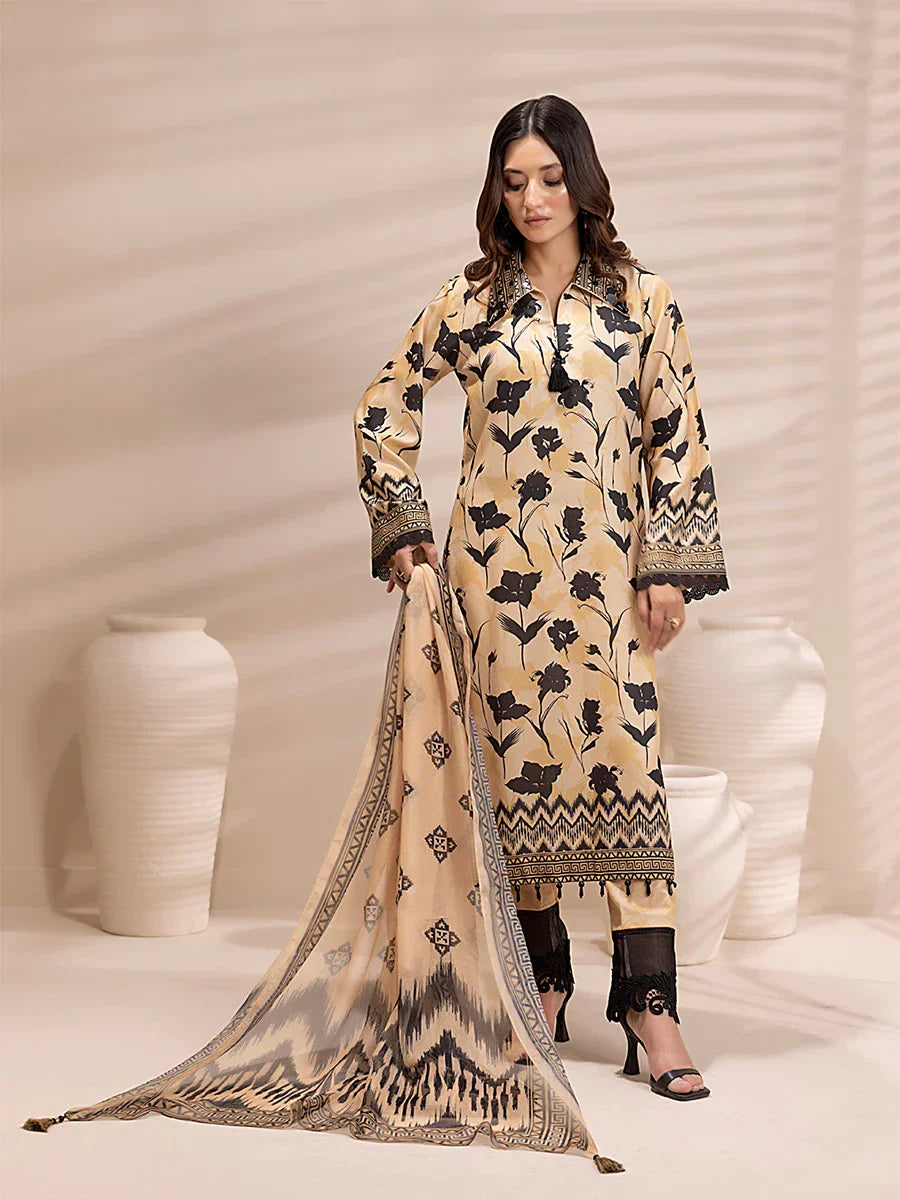 1 & Get 1 Free - 3PC Unstitched Printed Lawn Silk Suit DOS157