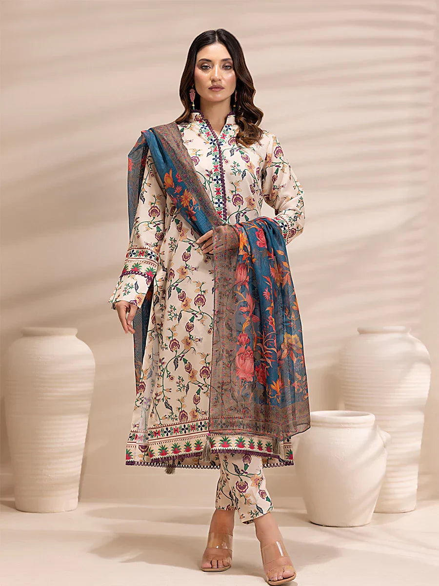 1 & Get 1 Free - 3PC Unstitched Printed Lawn Silk Suit DOS156