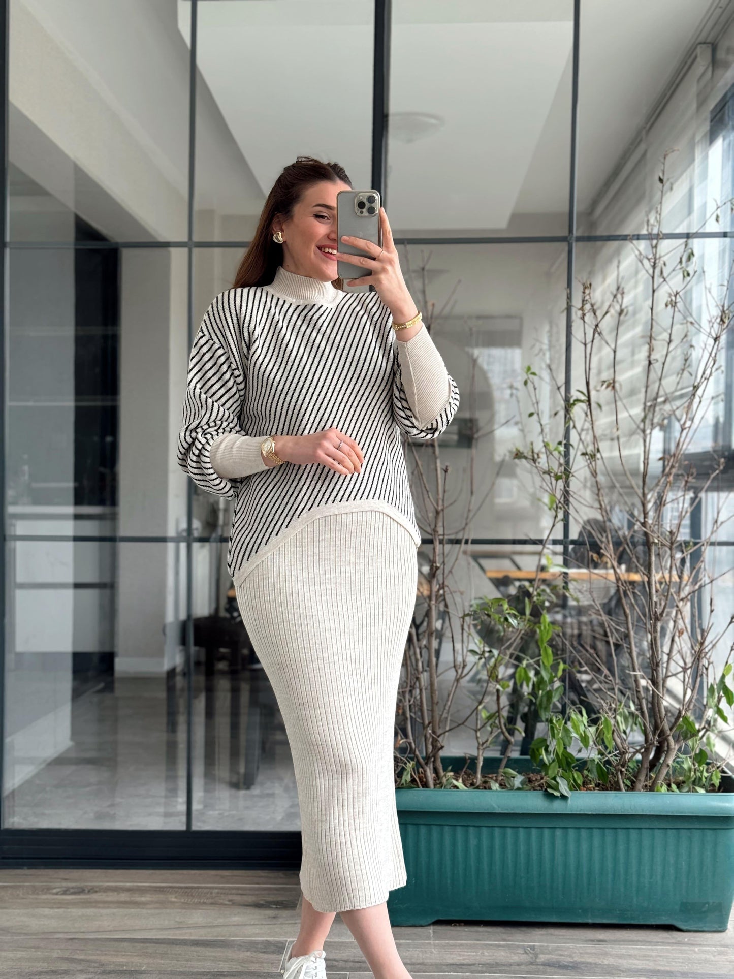 Stripes Printed Stretchable Ribbed Fleece Dress