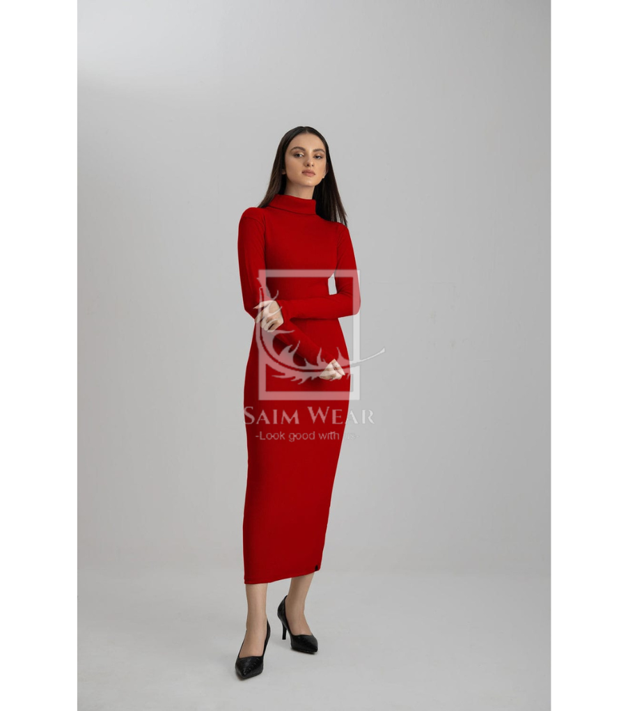 Ribbed Cotton High Neck Bodycon Dress