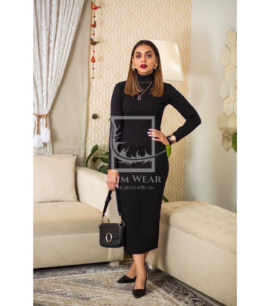 Ribbed Cotton High Neck Bodycon Dress