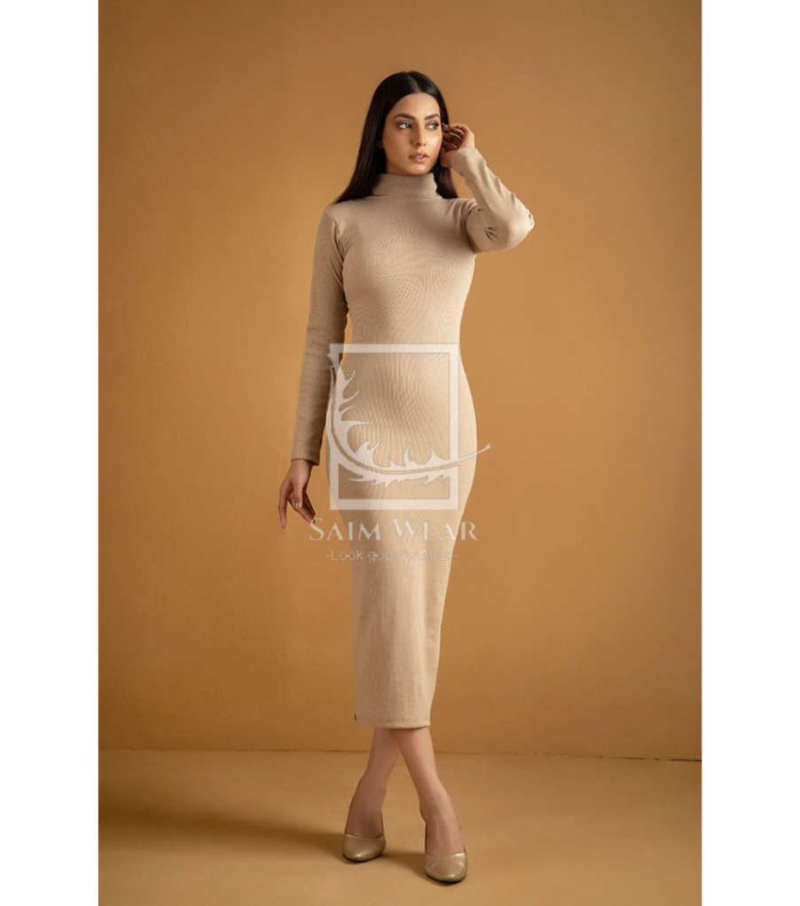 Ribbed Cotton High Neck Bodycon Dress