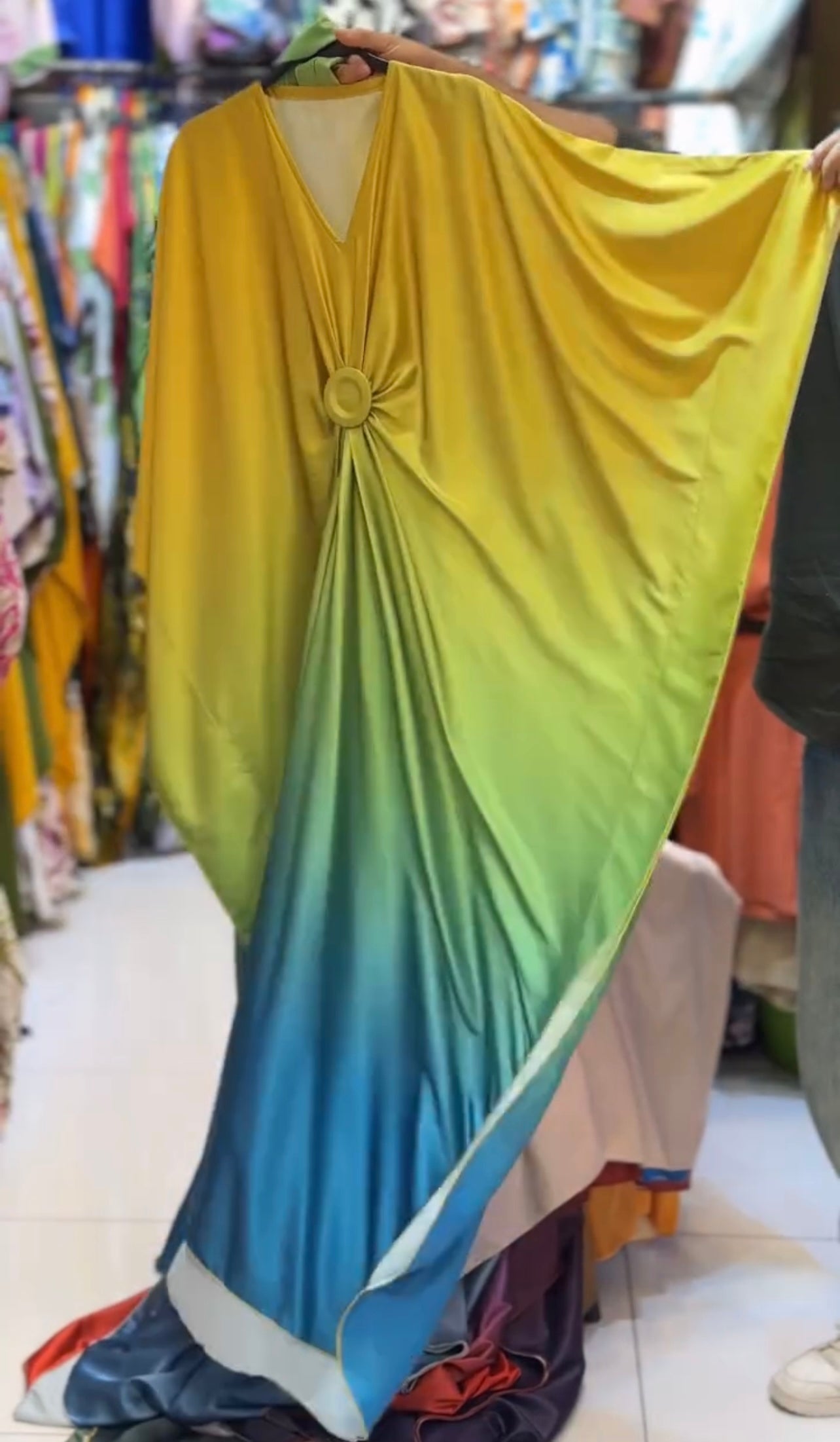 V Neck Double Tone Style Silk Kaftaan Dress