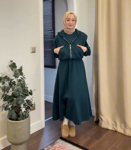 2 Pcs Winter Outfit Long Frock With Upper Fleece Hoodie