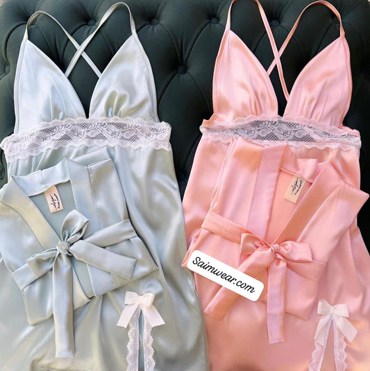 Silk Robe With Long Sleeveless Top 2 Pcs Nightwear P-70