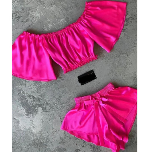 Square Neck Off-Shoulder Blouse With Elastic Shorts