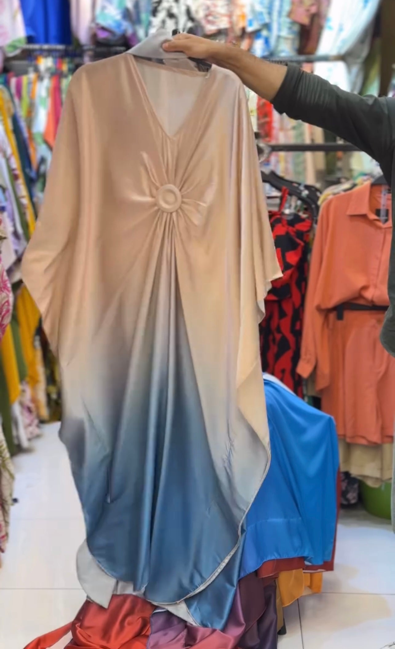 V Neck Double Tone Style Silk Kaftaan Dress