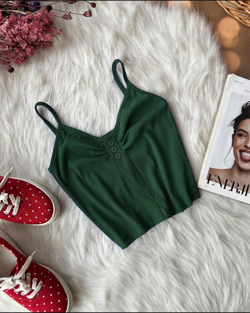 Cotton Ribbed Stretchable Button Style Crop Top Ch 385