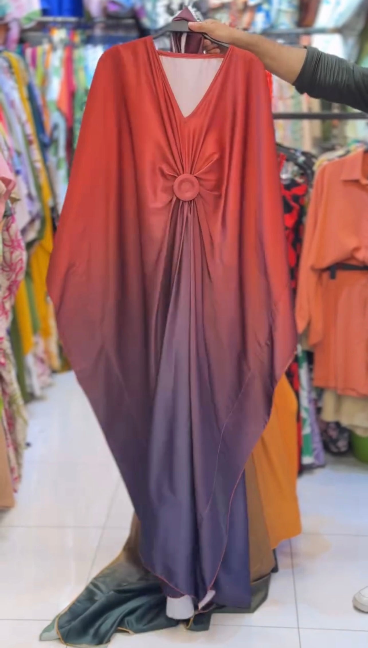 V Neck Double Tone Style Silk Kaftaan Dress