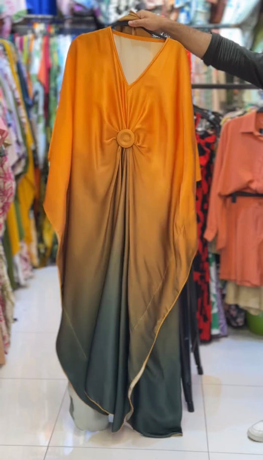 V Neck Double Tone Style Silk Kaftaan Dress