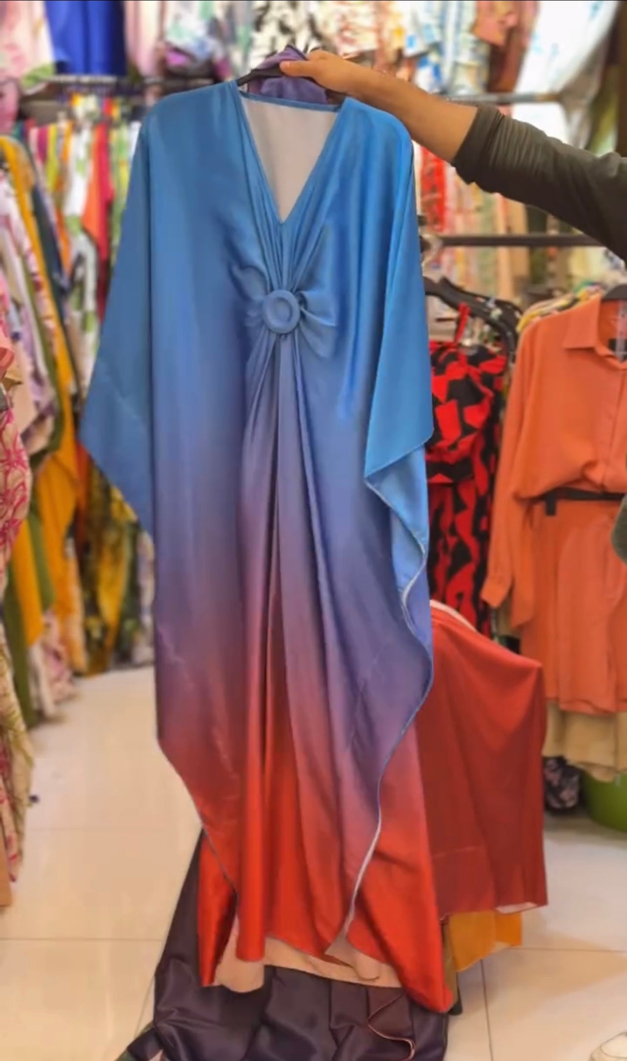 V Neck Double Tone Style Silk Kaftaan Dress