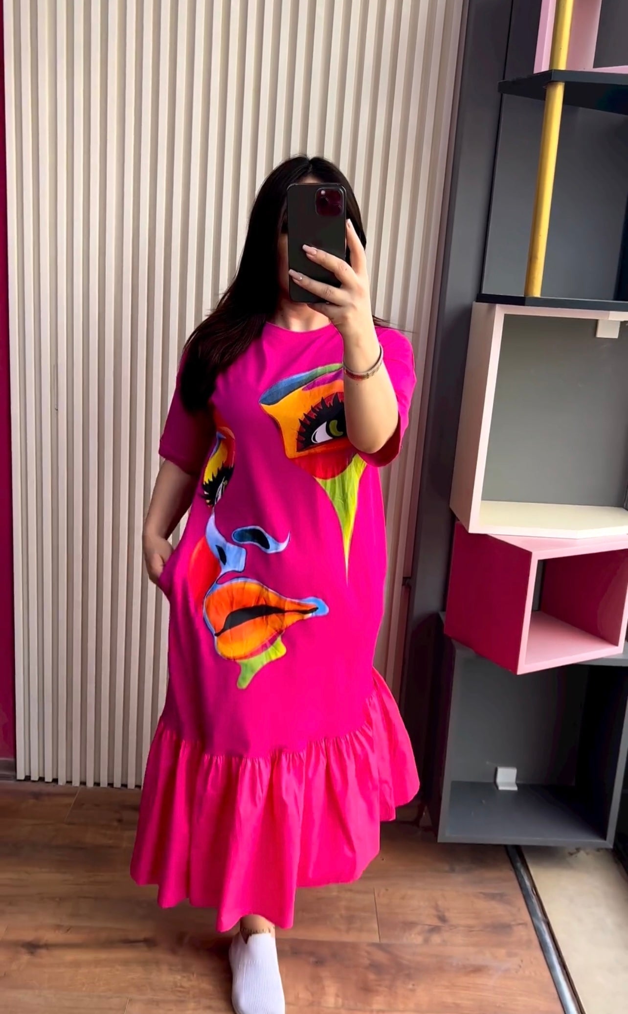 Face Printed Long Frill Top