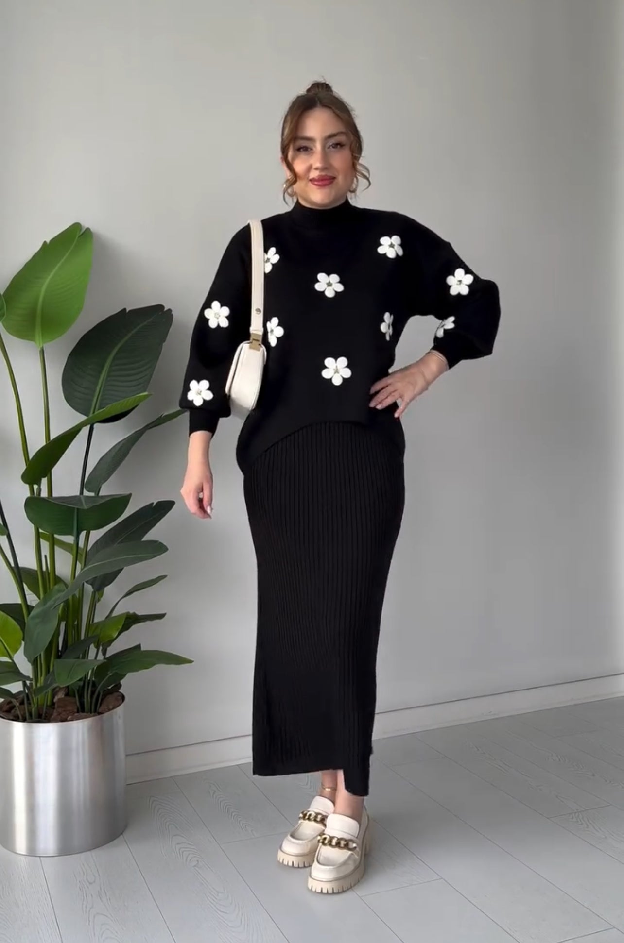 Flowers Printed Stretchable Ribbed Fleece Dress