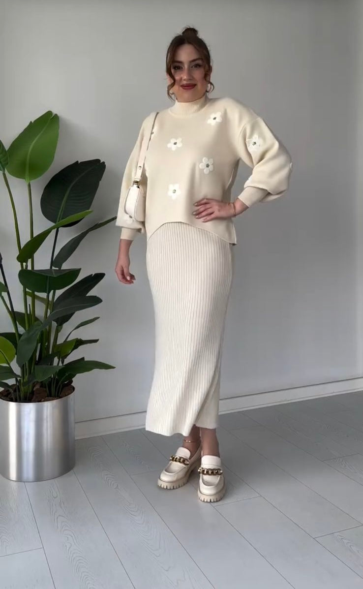 Flowers Printed Stretchable Ribbed Fleece Dress