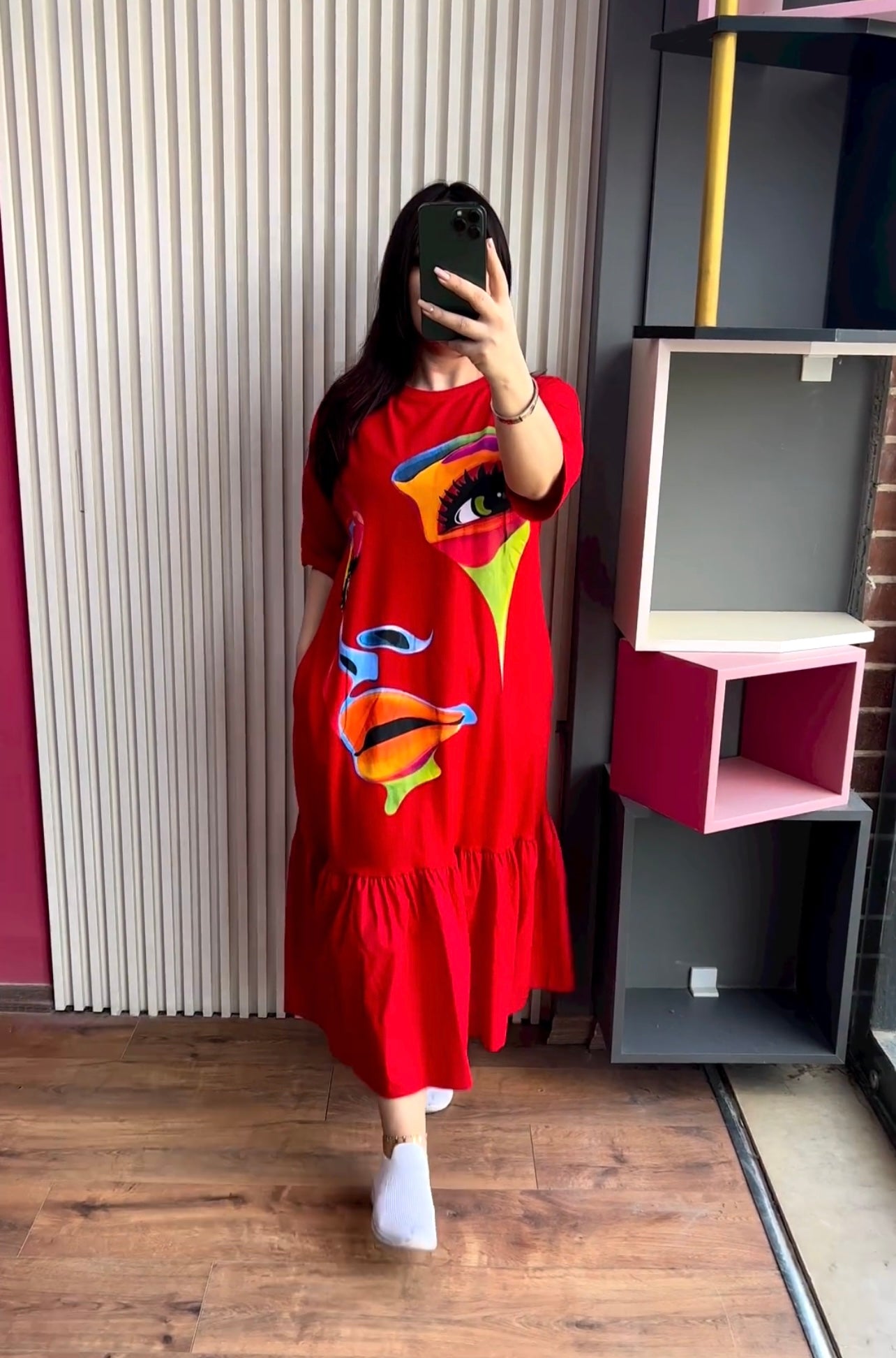 Face Printed Long Frill Top