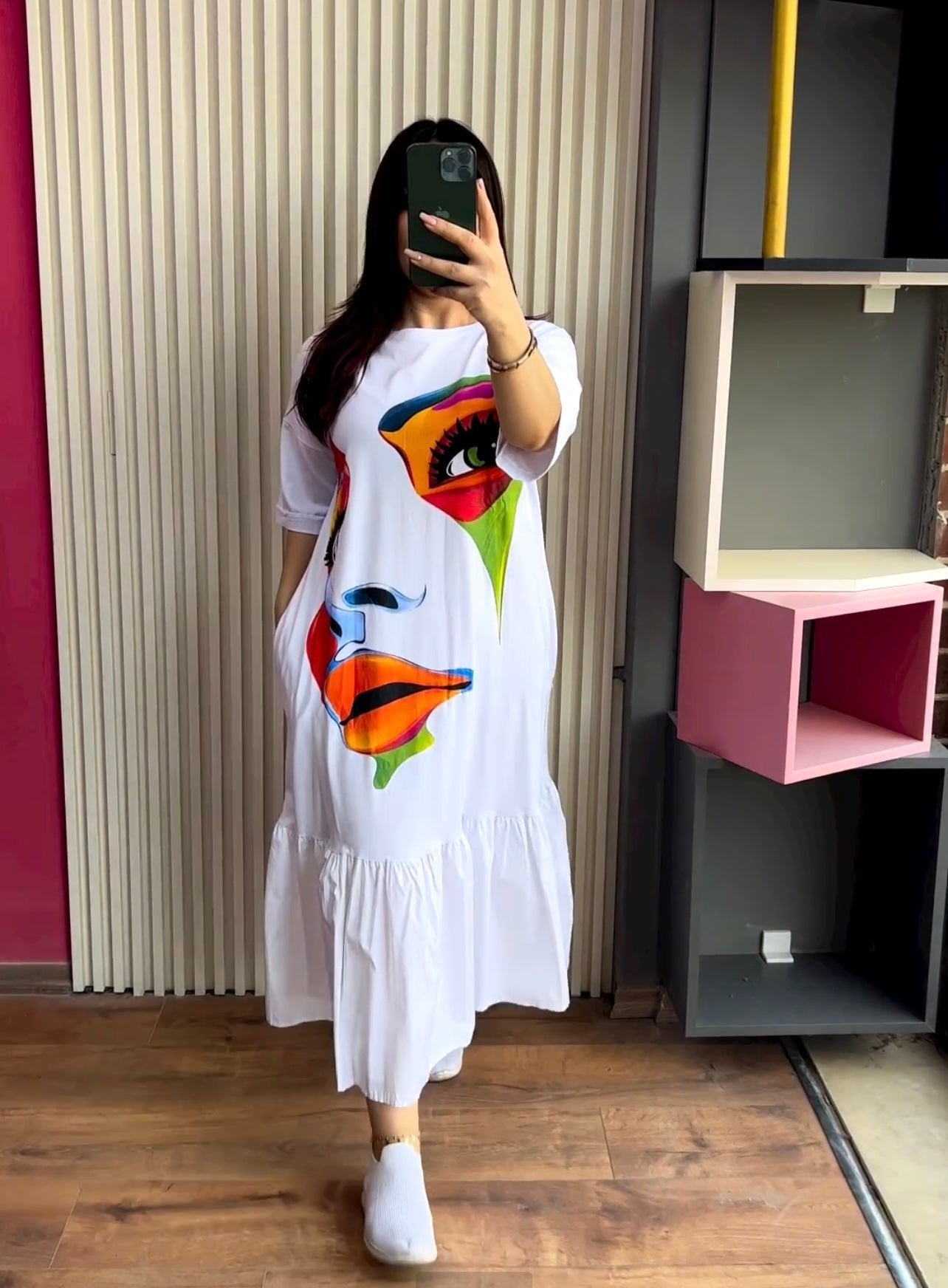 Face Printed Long Frill Top