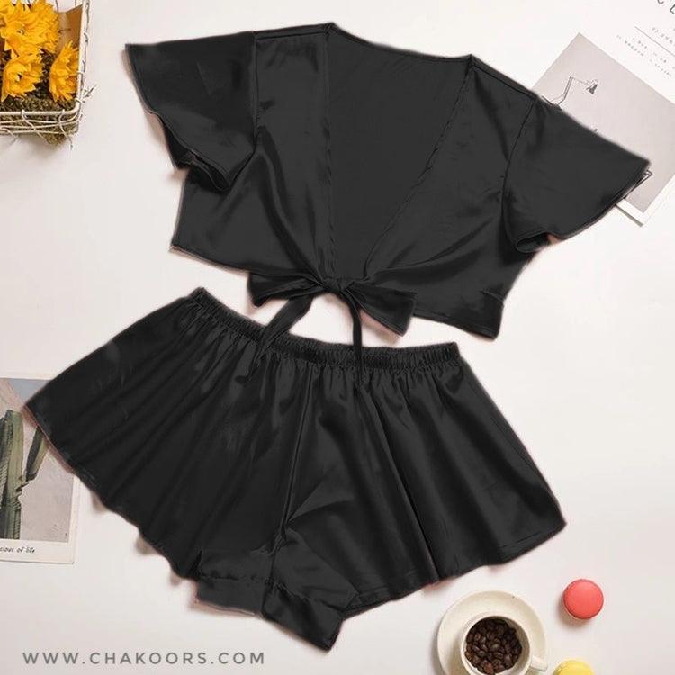 Silk imitation front knot shirt with elastic boxer sleepwear set CHK # p39
