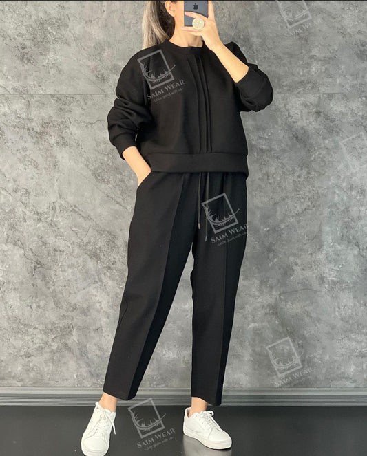 Winter Fleece Co-Ords: Stylish Black 2-Piece Set With Cocoon Pants And Sweatshirt CH 381