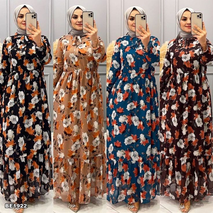 Pack Of 4 Turkish Floral Printed Chiffon Abaya With Free Scarf