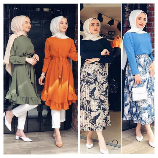 Pack Of 4 New Style Turkish Long Abaya With Scarf Chiffon Spliced Ruched Long Sleeve