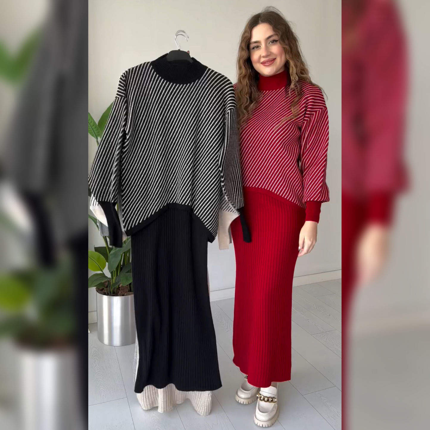 Stripes Printed Stretchable Ribbed Fleece Dress