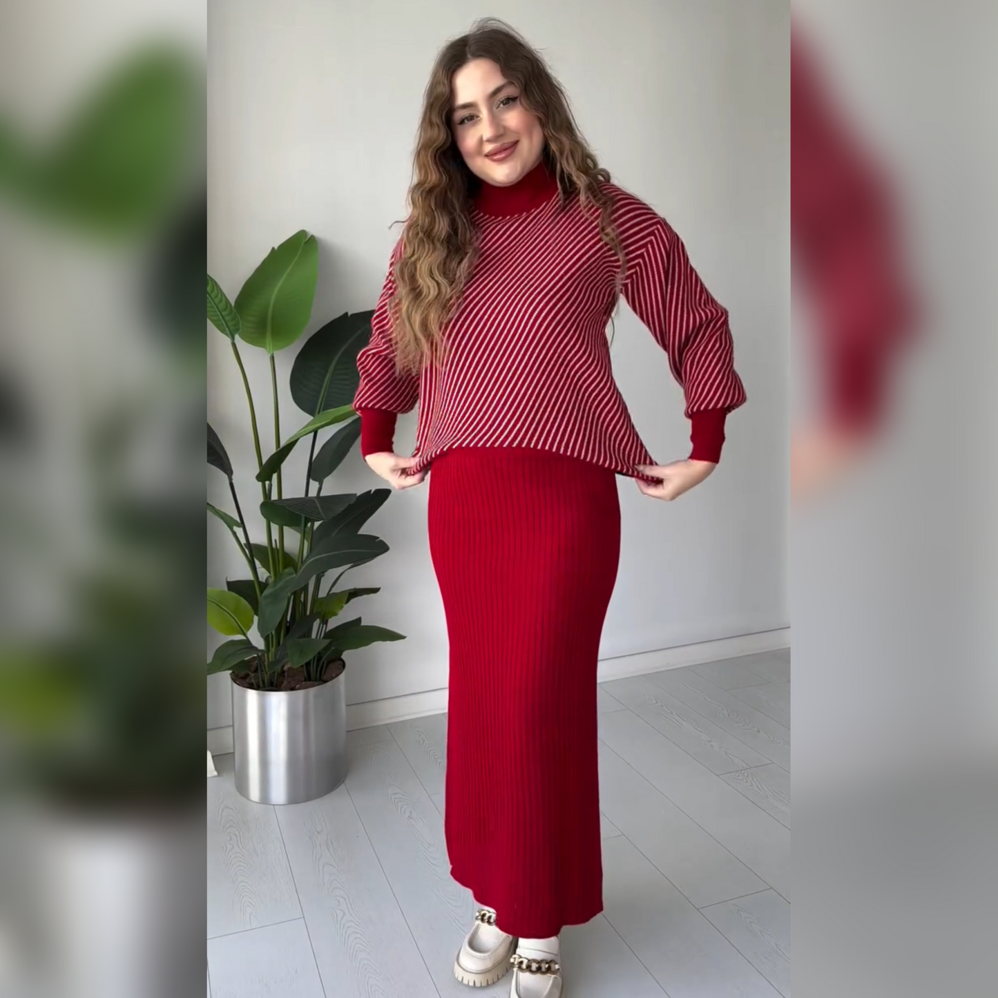 Stripes Printed Stretchable Ribbed Fleece Dress