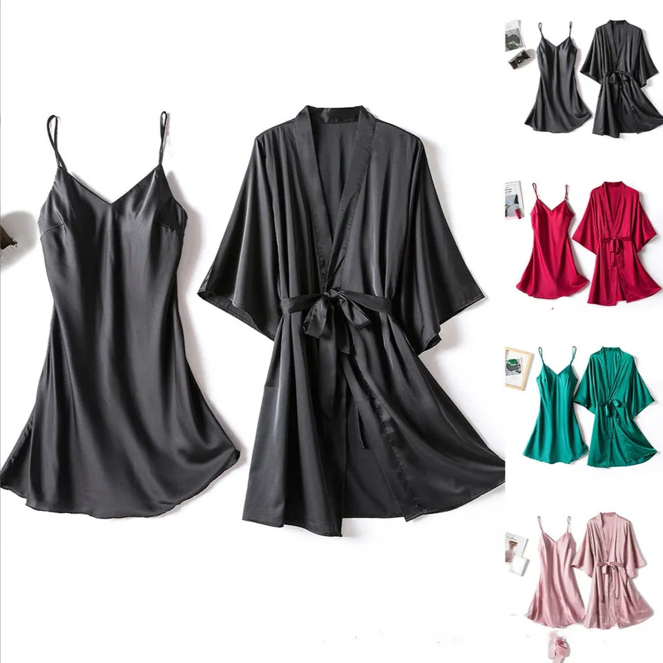 Silk Robe With Long Sleeveless Top 2 Pcs Nightwear P-42