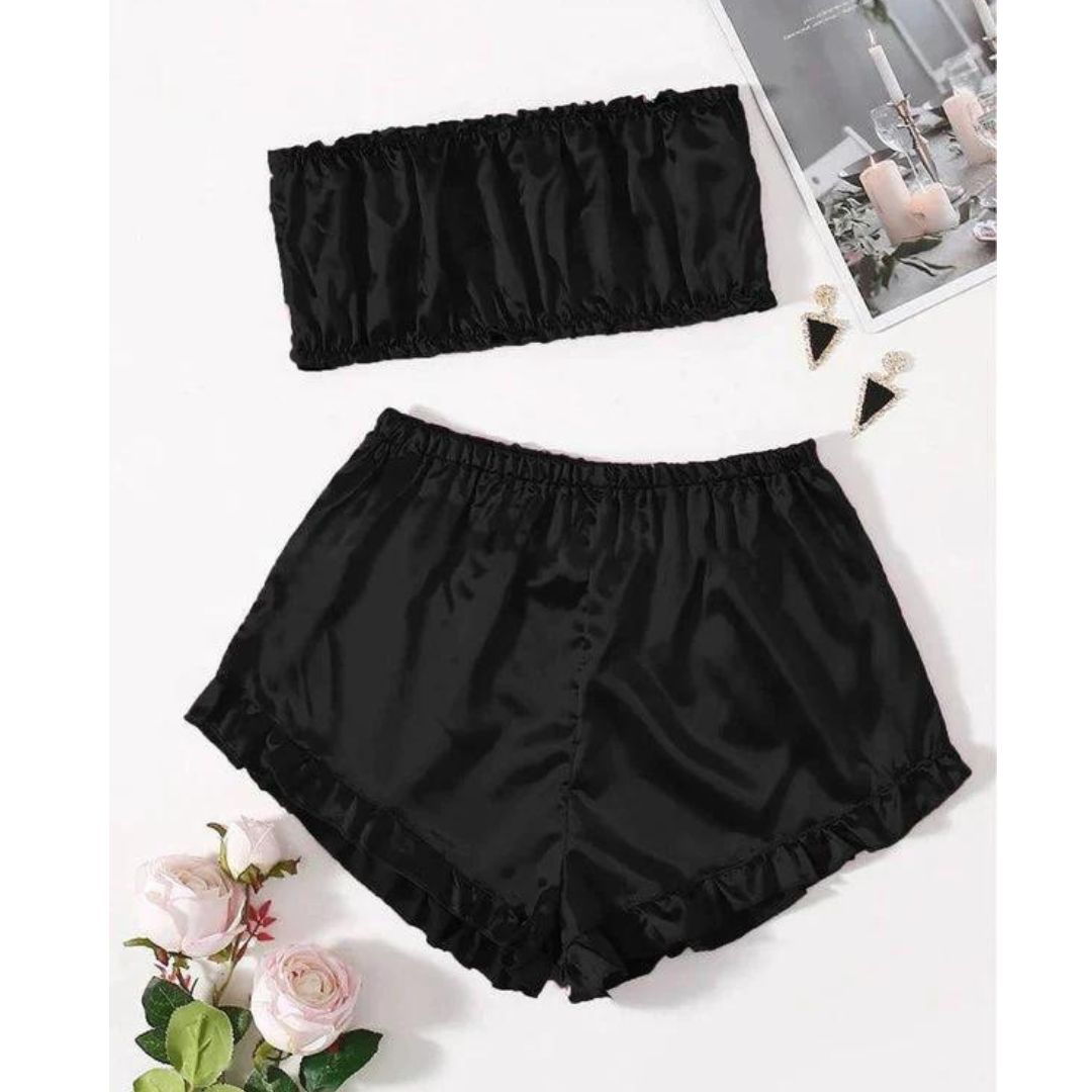 SATIN FRILL TRIM TUBE TOP & SHORTS PJ SET P48