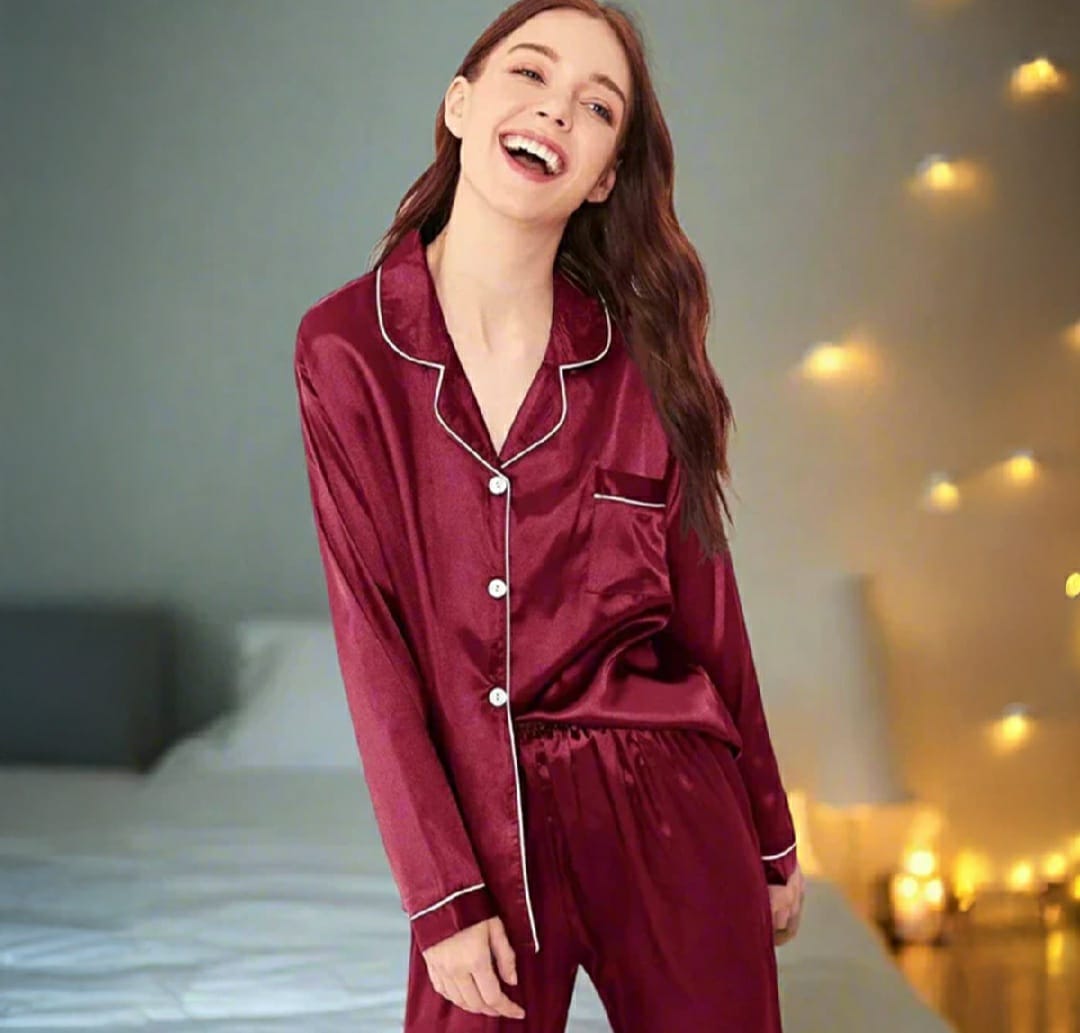 Elegant Silk Ladies Night Suit - Shirt and Trouser Sleepwear Set for Women