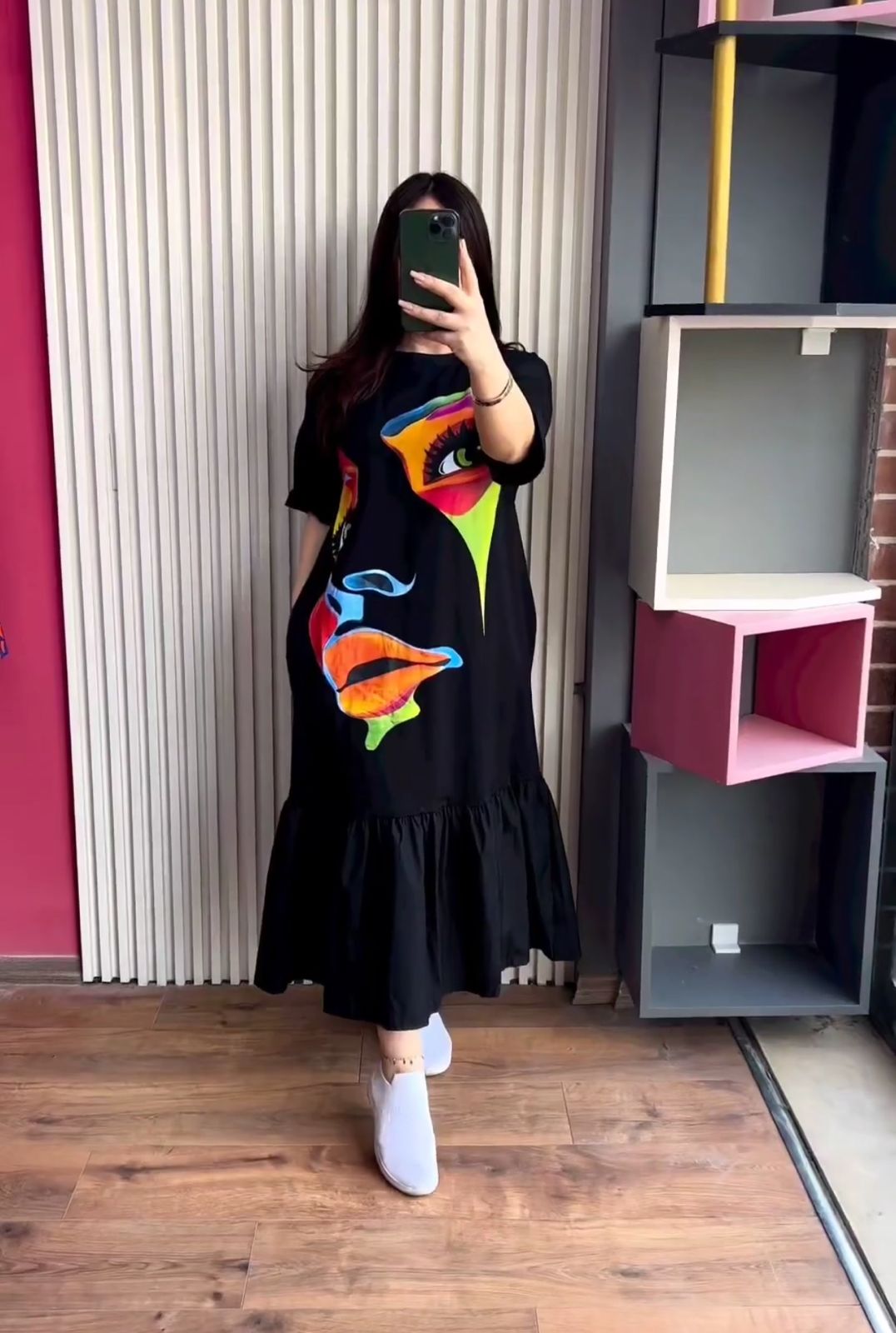 Face Printed Long Frill Top