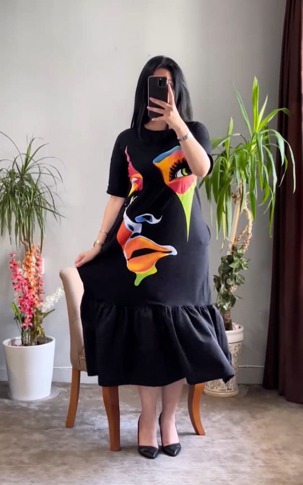 Face Printed Long Frill Top