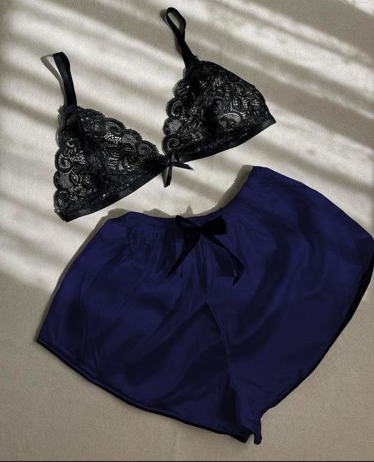 Silk Short With Net Bra Night Wear Set.