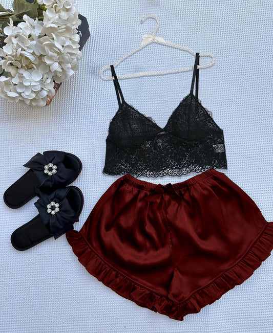 Silk Short With Net Bra Night Wear Set.