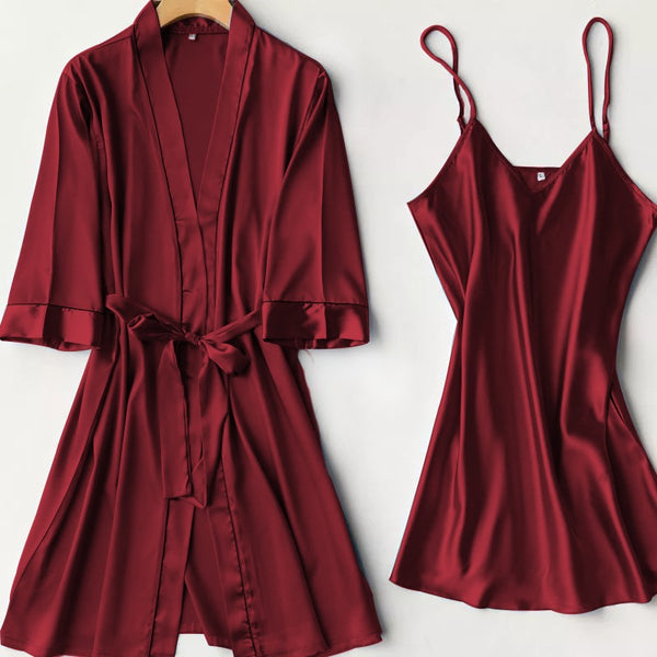 Silk Robe With Long Sleeveless Top 2 Pcs Nightwear