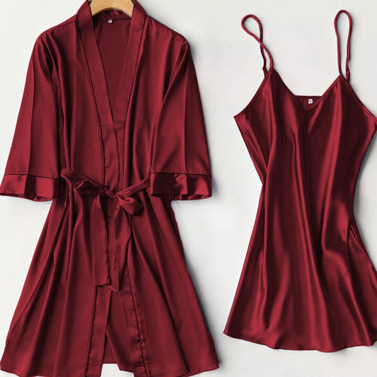 Silk Robe With Long Sleeveless Top 2 Pcs Nightwear