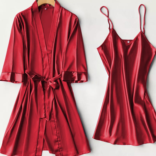 Silk Robe With Long Sleeveless Top 2 Pcs Nightwear