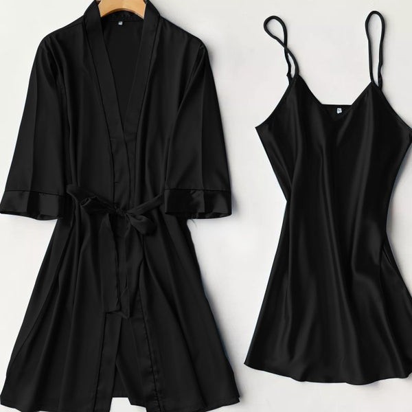 Silk Robe With Long Sleeveless Top 2 Pcs Nightwear