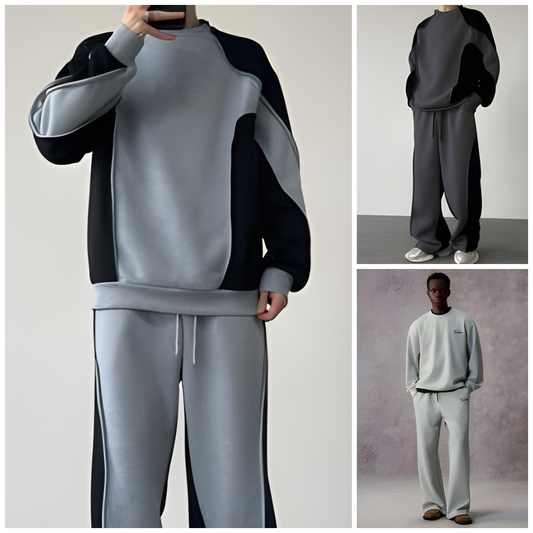 Pack of 3 Men’s Autumn Casual Tracksuit – Long Sleeve Crew Neck Sweatshirt & Color Block Sweatpants Set