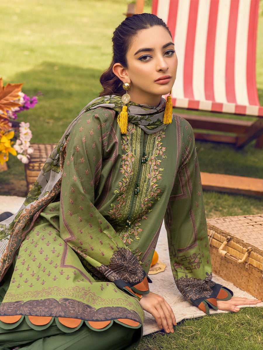 1 & Get 1 Free - Unstitched 3pc - Digital Printed Embroidered Lawn Suit With Printed Chiffon Full Zari Dupatta - Zure DOS217