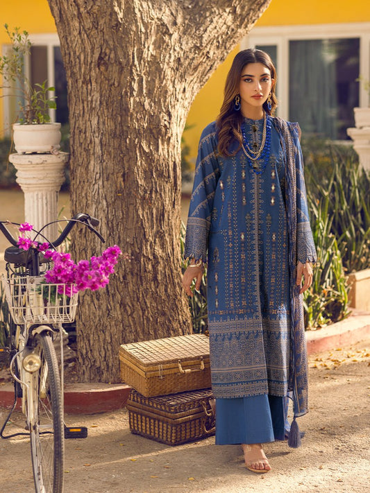 1 & Get 1 Free - Unstitched 3pc - Digital Printed Embroidered Lawn Suit With Printed Chiffon Full Zari Dupatta - Zure DOS301