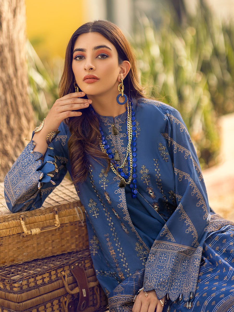 1 & Get 1 Free - Unstitched 3pc - Digital Printed Embroidered Lawn Suit With Printed Chiffon Full Zari Dupatta - Zure DOS301