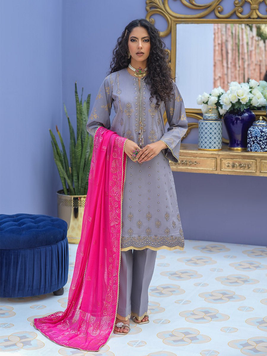 1 & Get 1 Free - Unstitched 3pc - Embroidered Lawn Suit With Mukesh Chiffon Dupatta - Oznur Vol.2 DOS302