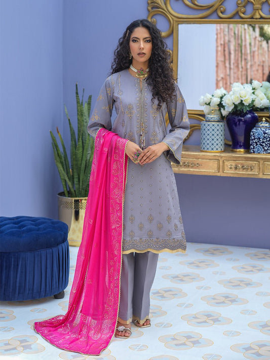 1 & Get 1 Free - Unstitched 3pc - Embroidered Lawn Suit With Mukesh Chiffon Dupatta - Oznur Vol.2 DOS302