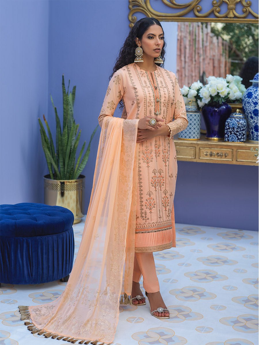 1 & Get 1 Free - Unstitched 3pc - Embroidered Lawn Suit With Mukesh Chiffon Dupatta - Oznur Vol.2 DOS303