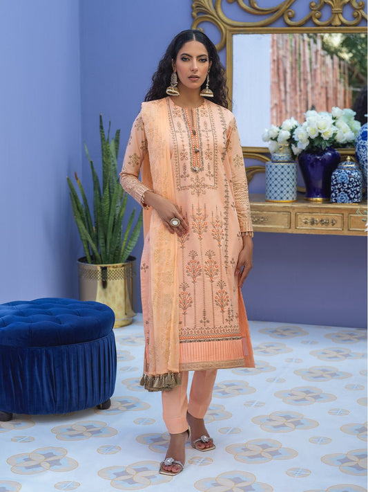 1 & Get 1 Free - Unstitched 3pc - Embroidered Lawn Suit With Mukesh Chiffon Dupatta - Oznur Vol.2 DOS303
